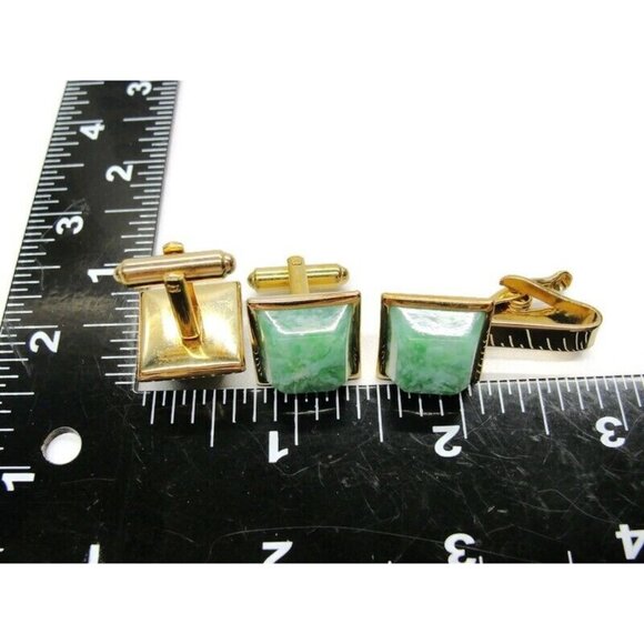 Jadeite Cufflinks Neck Tie Clip Square Gold Tone Set Tux Shirt Suit Vintage - Picture 4 of 5